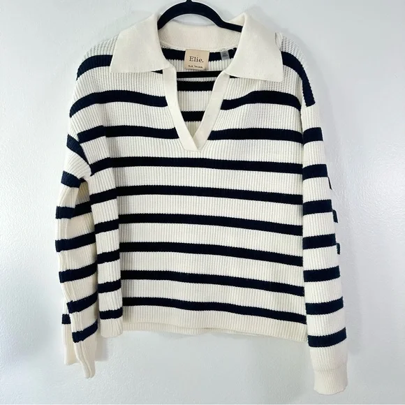 Elie Tahari Women’s Striped Knit Pullover Sweater Collared V-Neck Black White L - Picture 2 of 5